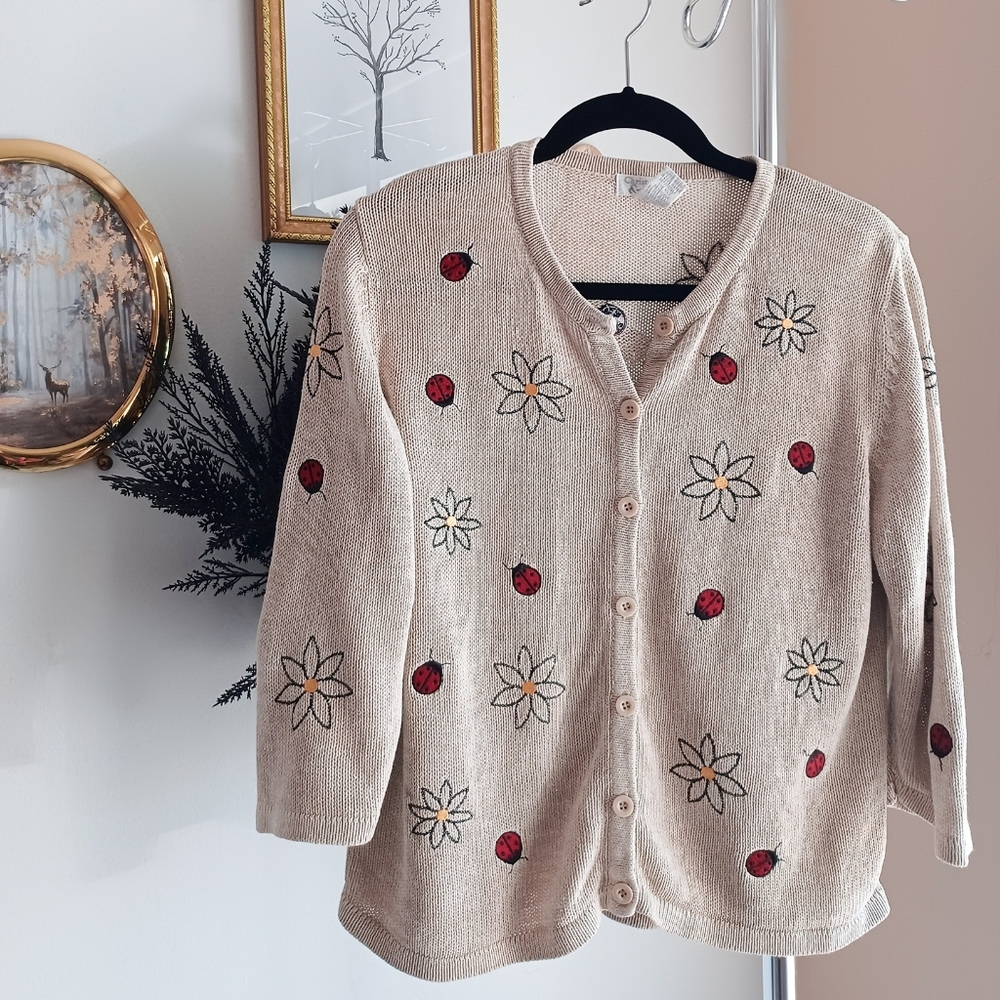 Vintage Ladybug/Floral Grandma Knit Cardigan